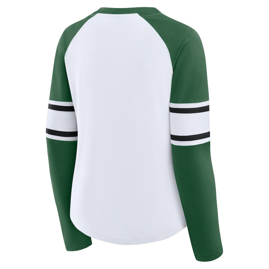 Fanatics New York Jets Women's Redzone Blitz Package Raglan Lace-Up V-Neck Long Sleeve T-Shirt White/Green