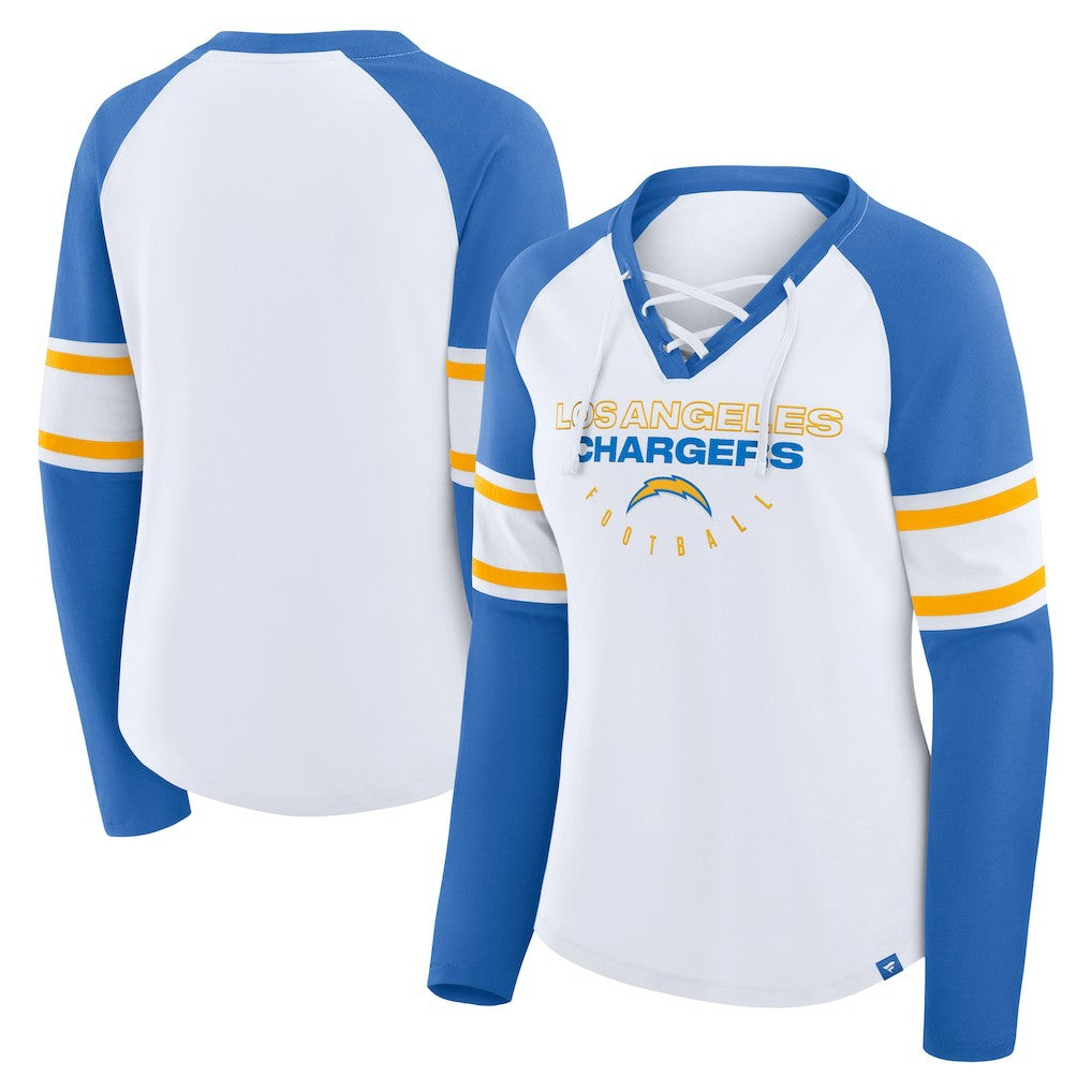 Fanatics Los Angeles Chargers Women's Redzone Blitz Package Raglan Lace-Up V-Neck Long Sleeve T-Shirt White/Powder Blue