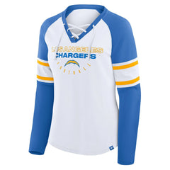 Fanatics Los Angeles Chargers Women's Redzone Blitz Package Raglan Lace-Up V-Neck Long Sleeve T-Shirt White/Powder Blue