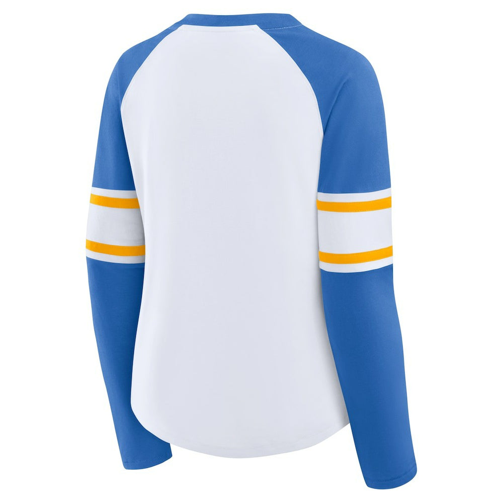 Fanatics Los Angeles Chargers Women's Redzone Blitz Package Raglan Lace-Up V-Neck Long Sleeve T-Shirt White/Powder Blue