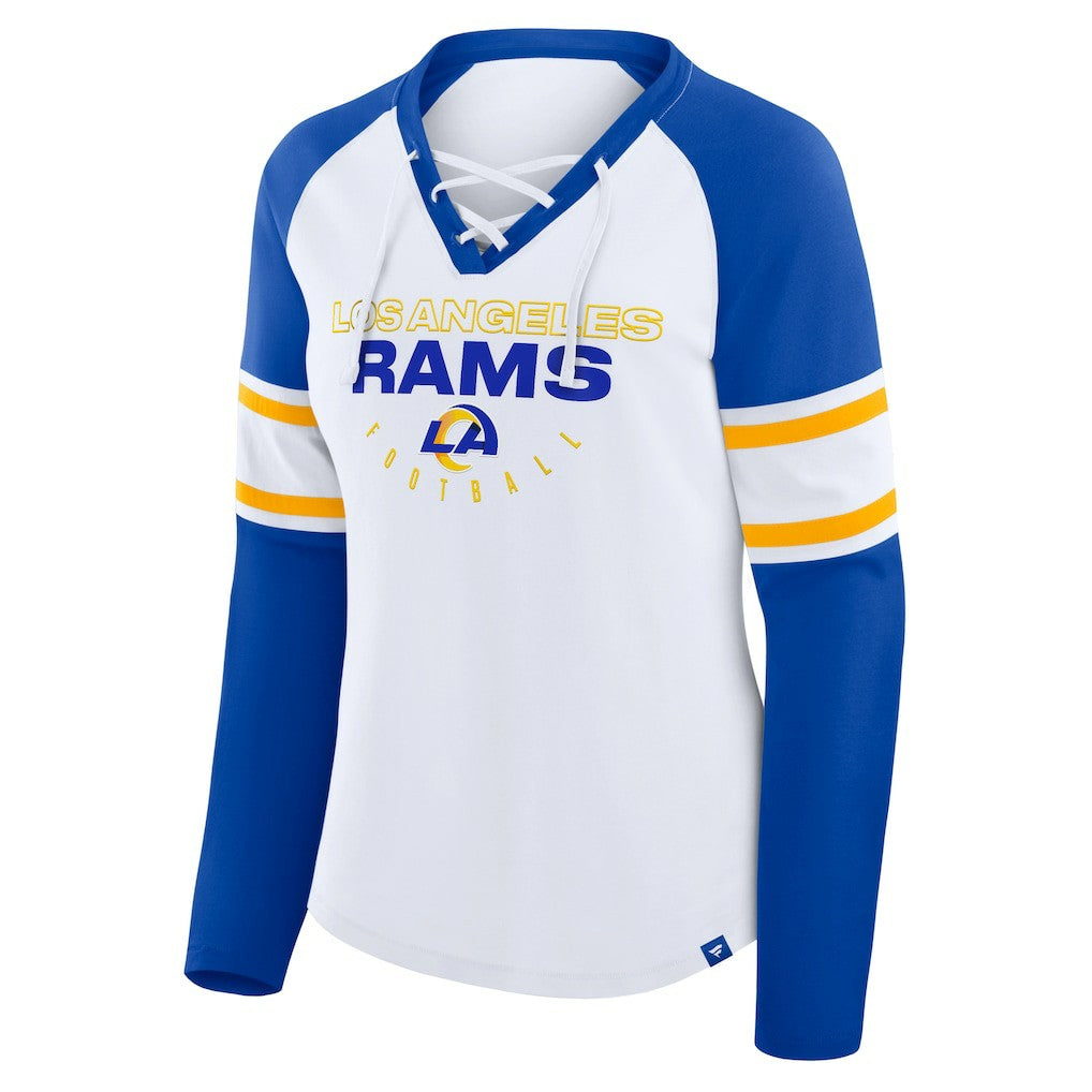 Fanatics Los Angeles Rams Women's Redzone Blitz Package Raglan Lace-Up V-Neck Long Sleeve T-Shirt White/Royal