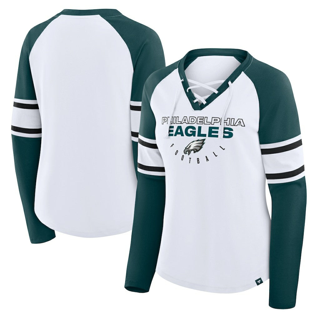 Fanatics Philadelphia Eagles Women's Redzone Blitz Package Raglan Lace-Up V-Neck Long Sleeve T-Shirt White/Green