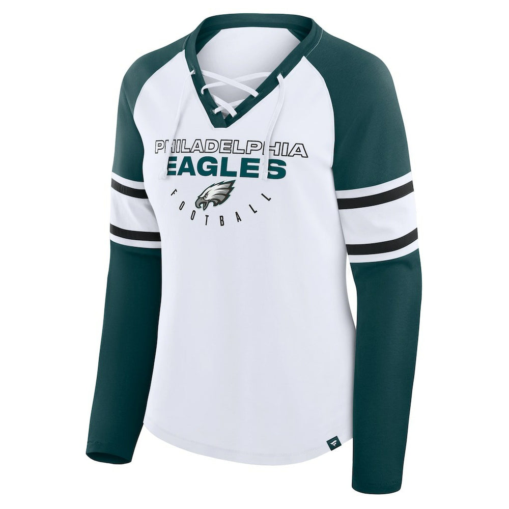 Fanatics Philadelphia Eagles Women's Redzone Blitz Package Raglan Lace-Up V-Neck Long Sleeve T-Shirt White/Green
