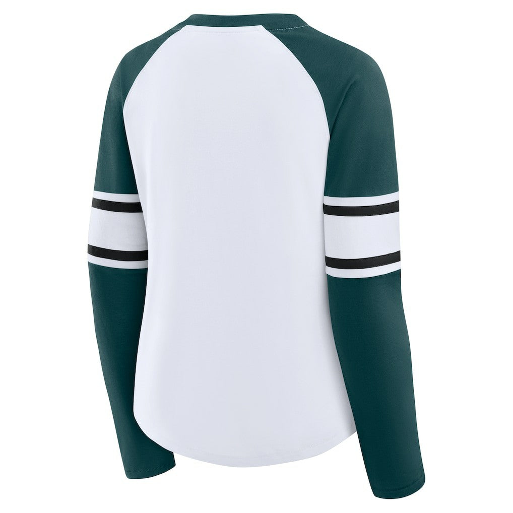 Fanatics Philadelphia Eagles Women's Redzone Blitz Package Raglan Lace-Up V-Neck Long Sleeve T-Shirt White/Green