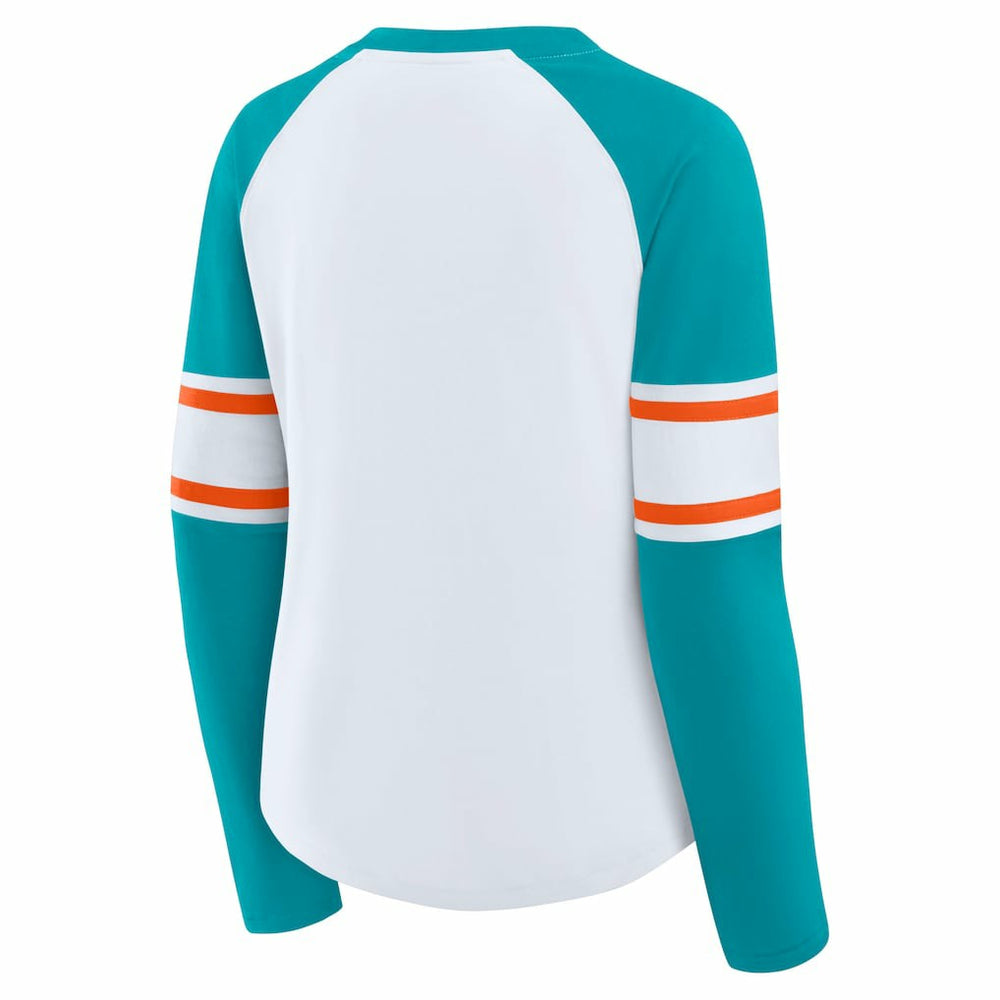 Fanatics Miami Dolphins Women's Redzone Blitz Package Raglan Lace-Up V-Neck Long Sleeve T-Shirt White/Aqua