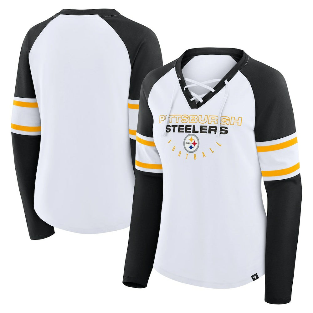 Fanatics Pittsburgh Steelers Women's Redzone Blitz Package Raglan Lace-Up V-Neck Long Sleeve T-Shirt White/Black