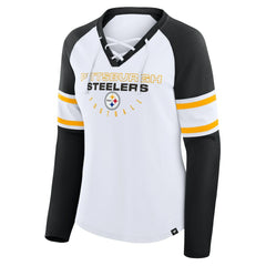 Fanatics Pittsburgh Steelers Women's Redzone Blitz Package Raglan Lace-Up V-Neck Long Sleeve T-Shirt White/Black