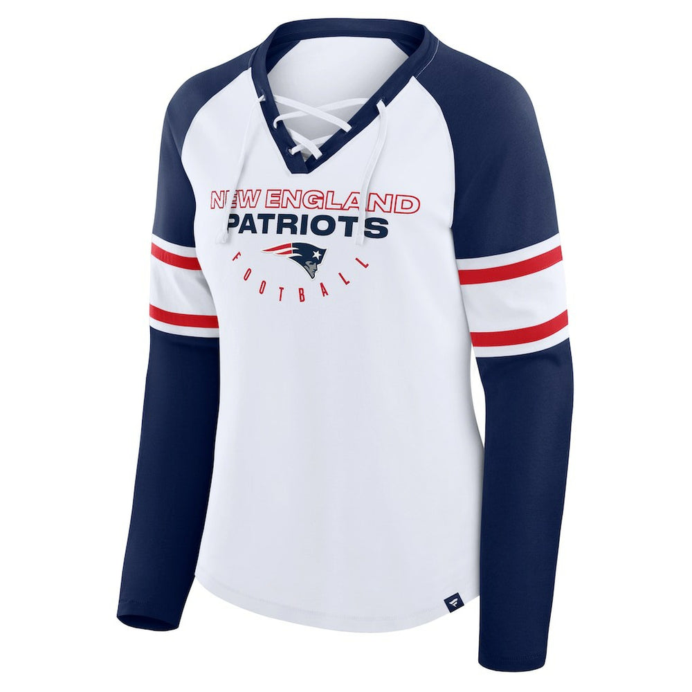 Fanatics New England Patriots Women's Redzone Blitz Package Raglan Lace-Up V-Neck Long Sleeve T-Shirt White/Navy
