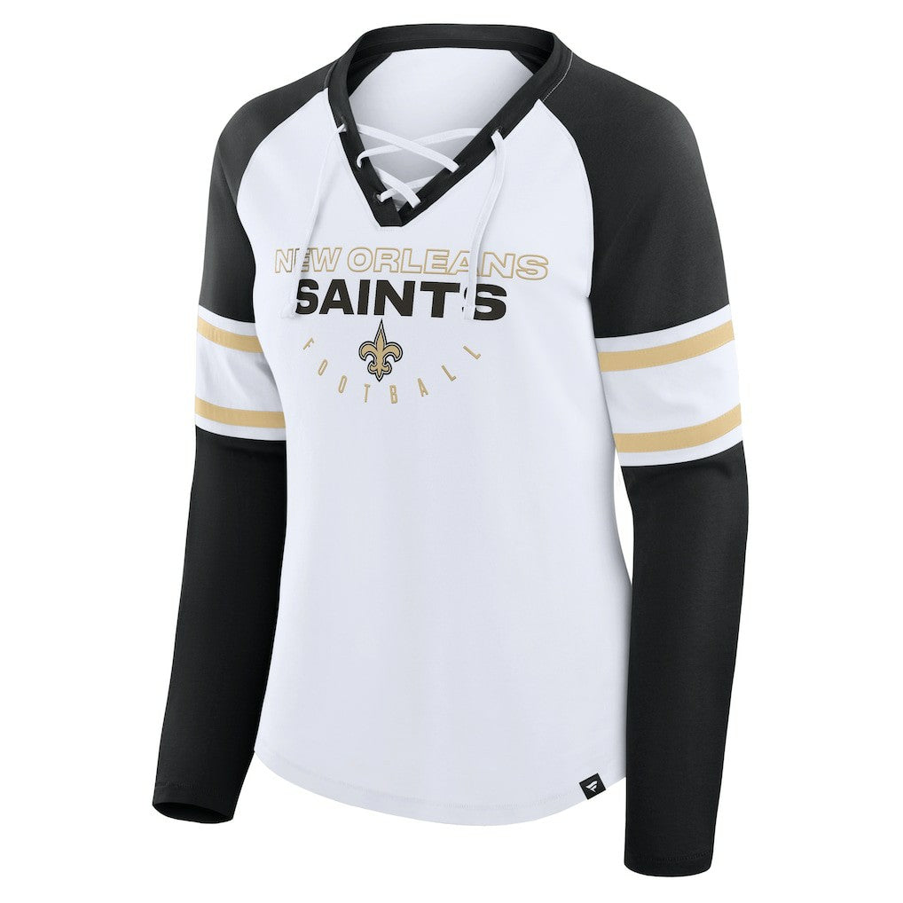 Fanatics New Orleans Saints Women's Redzone Blitz Package Raglan Lace-Up V-Neck Long Sleeve T-Shirt White/Black