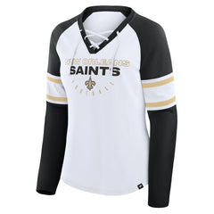 Fanatics New Orleans Saints Women's Redzone Blitz Package Raglan Lace-Up V-Neck Long Sleeve T-Shirt White/Black