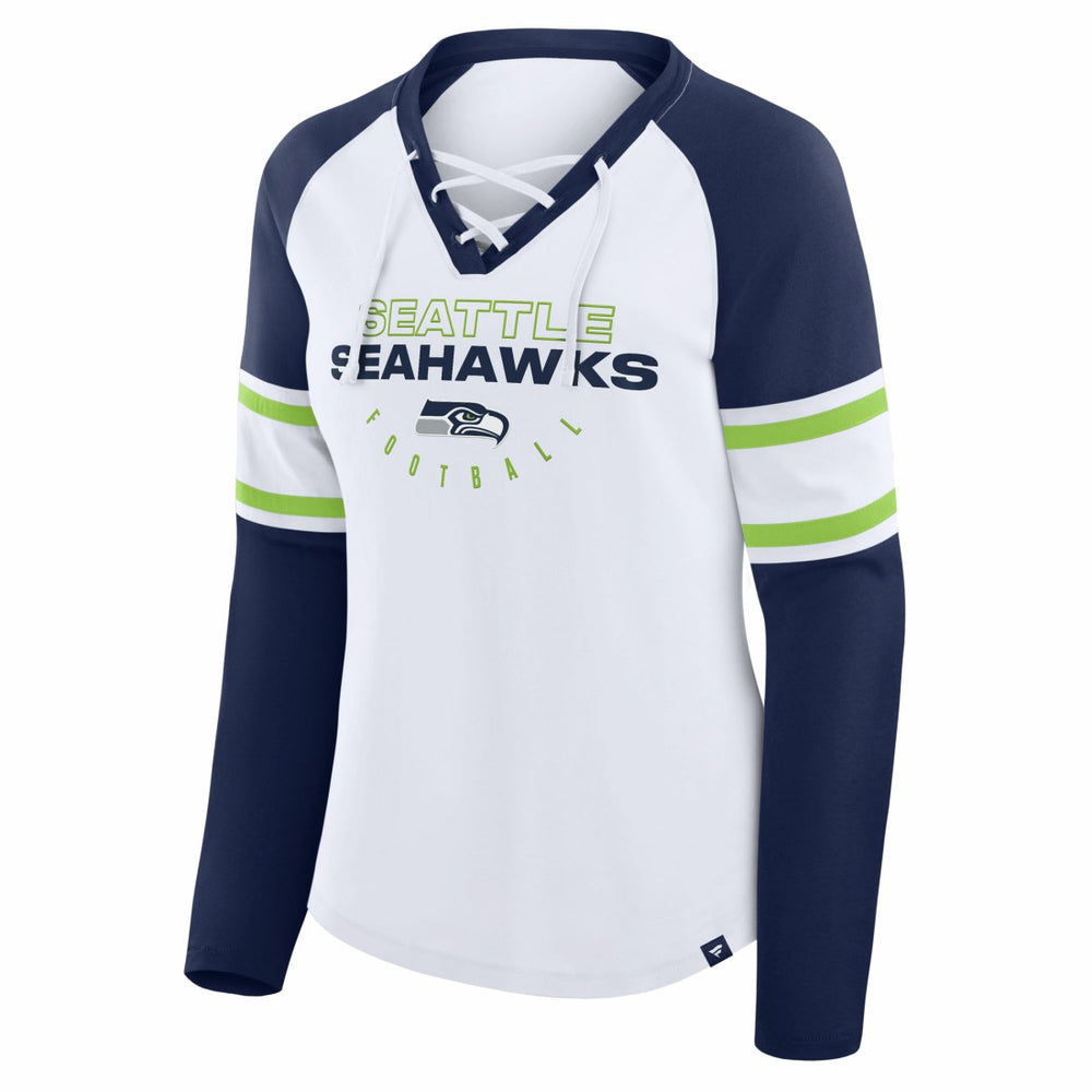 Fanatics Seattle Seahawks Women's Redzone Blitz Package Raglan Lace-Up V-Neck Long Sleeve T-Shirt White/College Navy