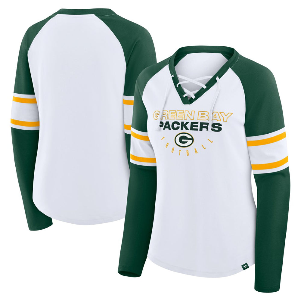 Fanatics Green Bay Packers Women's Redzone Blitz Package Raglan Lace-Up V-Neck Long Sleeve T-Shirt White/Green