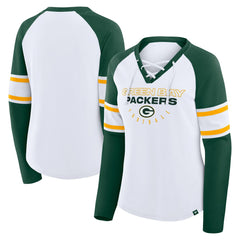 Fanatics Green Bay Packers Women's Redzone Blitz Package Raglan Lace-Up V-Neck Long Sleeve T-Shirt White/Green