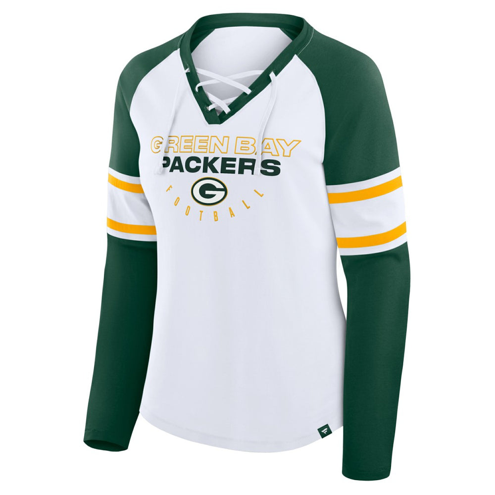 Fanatics Green Bay Packers Women's Redzone Blitz Package Raglan Lace-Up V-Neck Long Sleeve T-Shirt White/Green