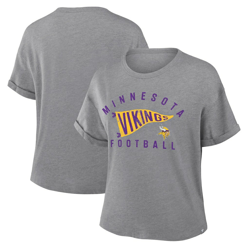 Fanatics Minnesota Vikings Women's Pennant Wave Tribute Tri-Blend Boxy T-Shirt Heather Gray