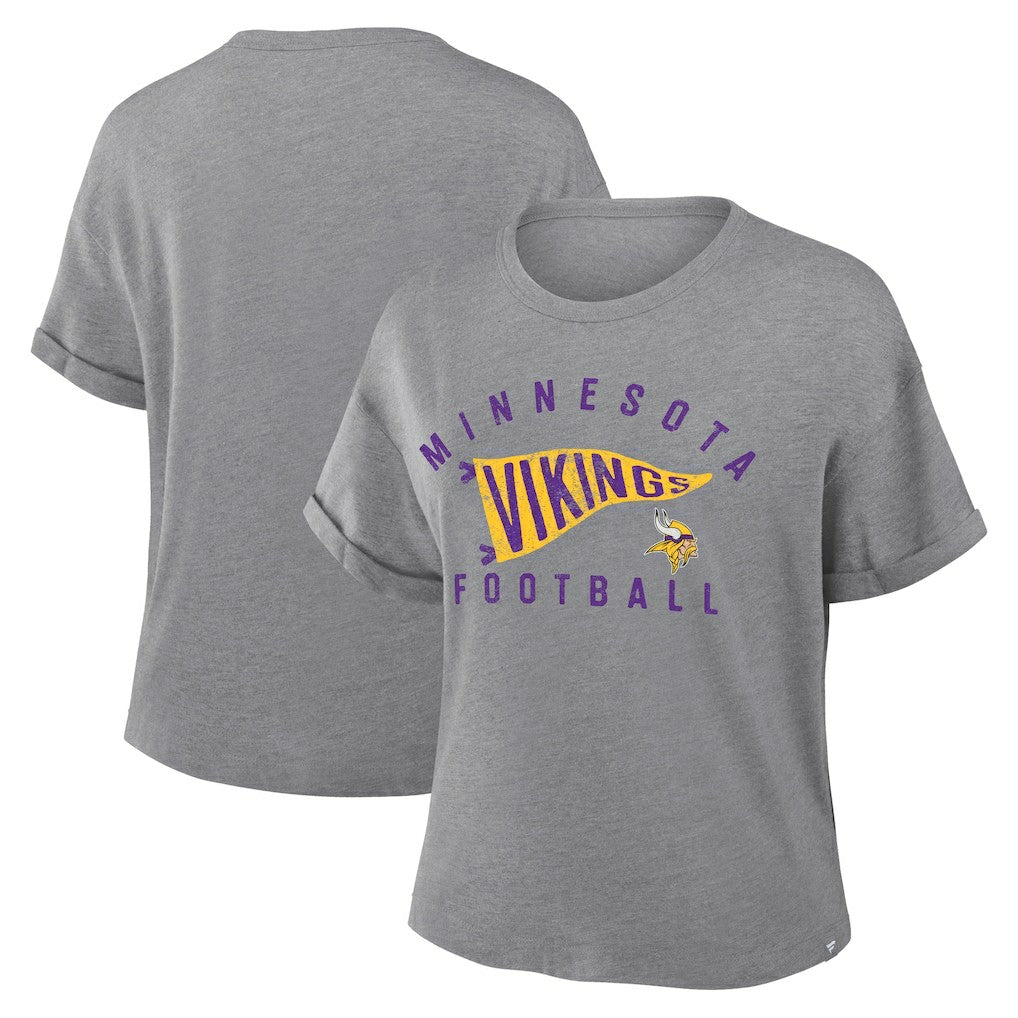 Fanatics Minnesota Vikings Women's Pennant Wave Tribute Tri-Blend Boxy T-Shirt Heather Gray