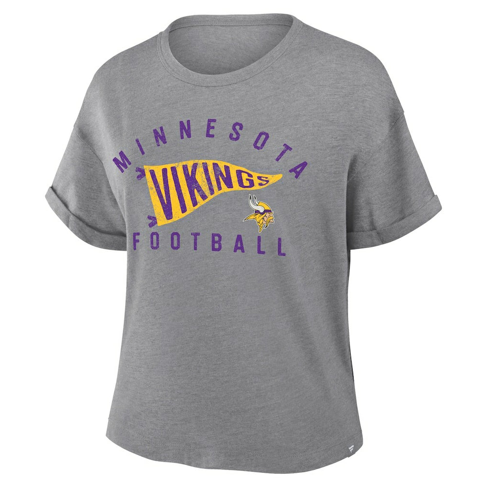 Fanatics Minnesota Vikings Women's Pennant Wave Tribute Tri-Blend Boxy T-Shirt Heather Gray