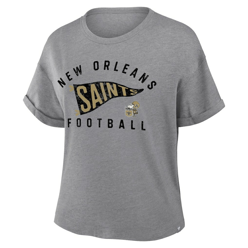 Fanatics New Orleans Saints Women's Pennant Wave Tribute Tri-Blend Boxy T-Shirt Heather Gray