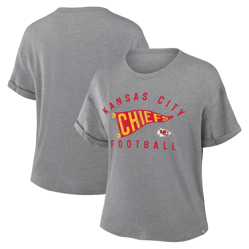 Fanatics Kansas City Chiefs Women's Pennant Wave Tribute Tri-Blend Boxy T-Shirt Heather Gray