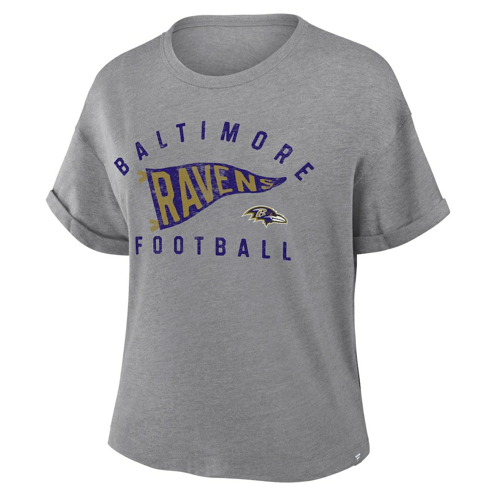 Fanatics Baltimore Ravens Women's Pennant Wave Tribute Tri-Blend Boxy T-Shirt Heather Gray