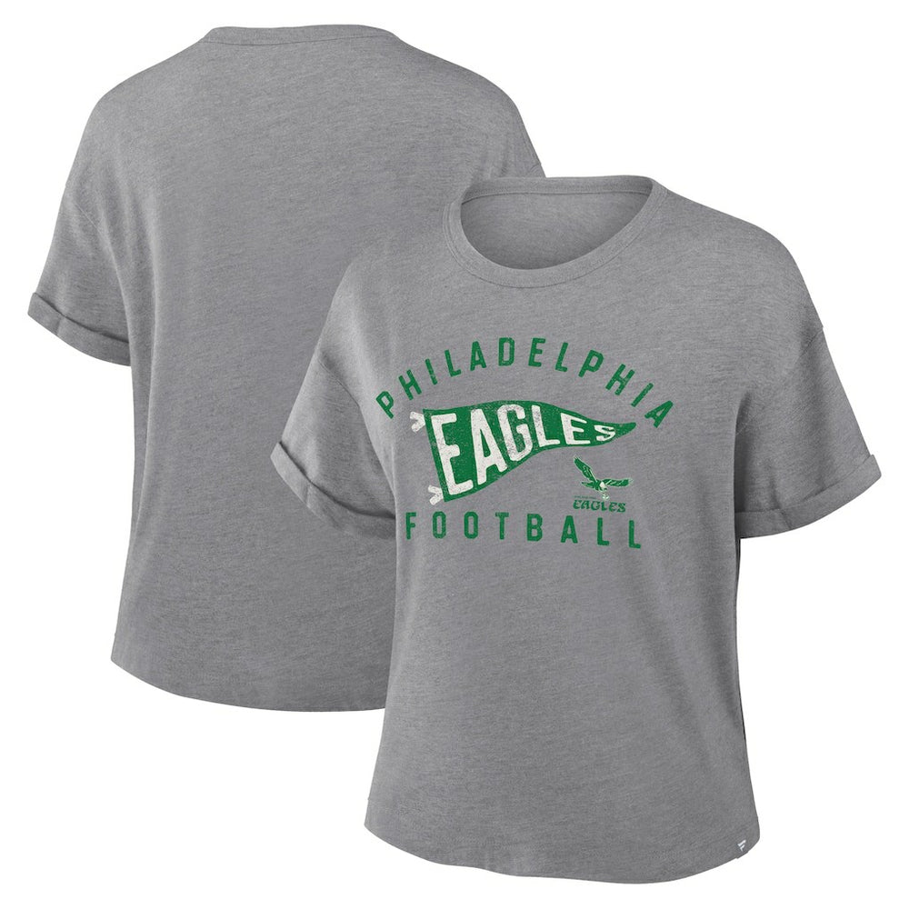 Fanatics Philadelphia Eagles Women's Pennant Wave Tribute Tri-Blend Boxy T-Shirt Heather Gray