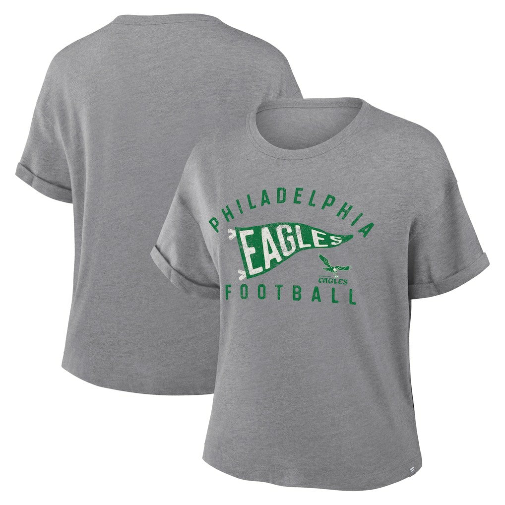 Fanatics Philadelphia Eagles Women's Pennant Wave Tribute Tri-Blend Boxy T-Shirt Heather Gray