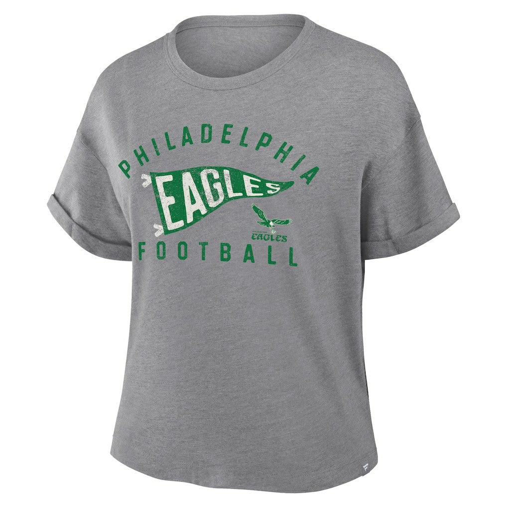 Fanatics Philadelphia Eagles Women's Pennant Wave Tribute Tri-Blend Boxy T-Shirt Heather Gray