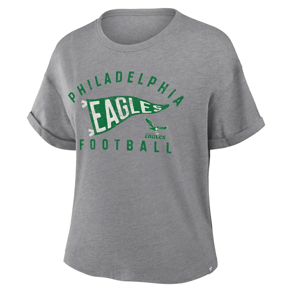 Fanatics Philadelphia Eagles Women's Pennant Wave Tribute Tri-Blend Boxy T-Shirt Heather Gray