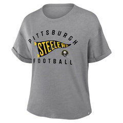 Fanatics Pittsburgh Steelers Women's Pennant Wave Tribute Tri-Blend Boxy T-Shirt Heather Gray