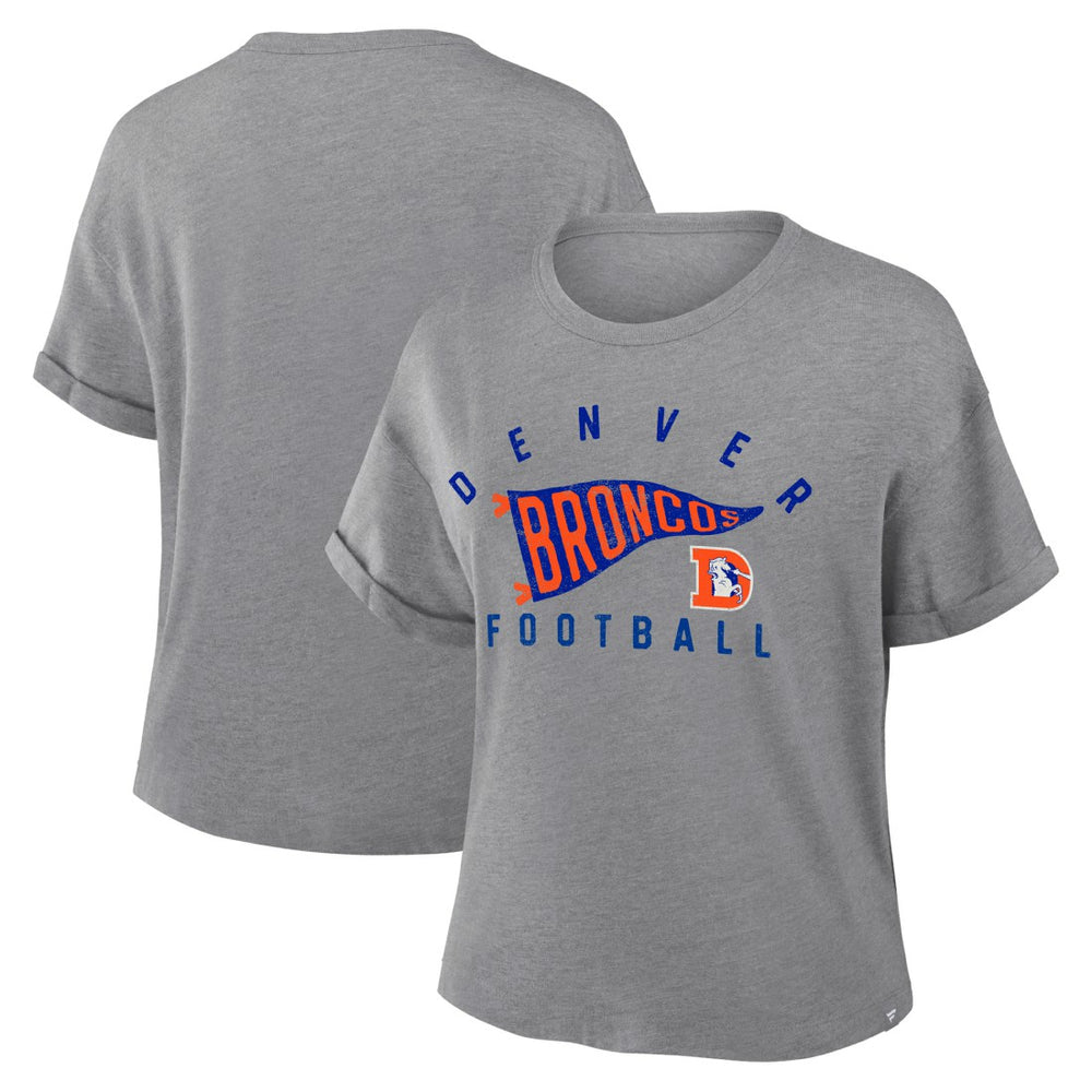 Fanatics Denver Broncos Women's Pennant Wave Tribute Tri-Blend Boxy T-Shirt Heather Gray