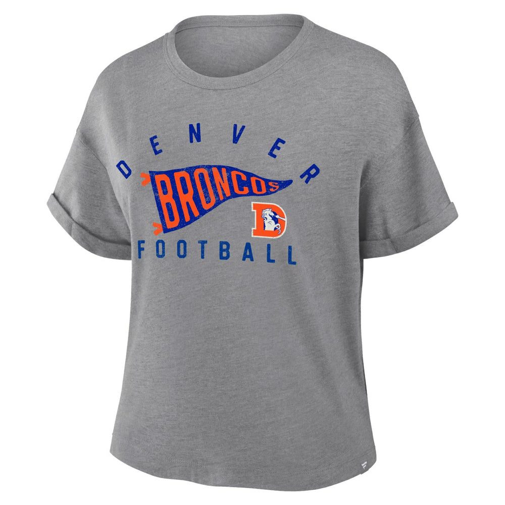 Fanatics Denver Broncos Women's Pennant Wave Tribute Tri-Blend Boxy T-Shirt Heather Gray