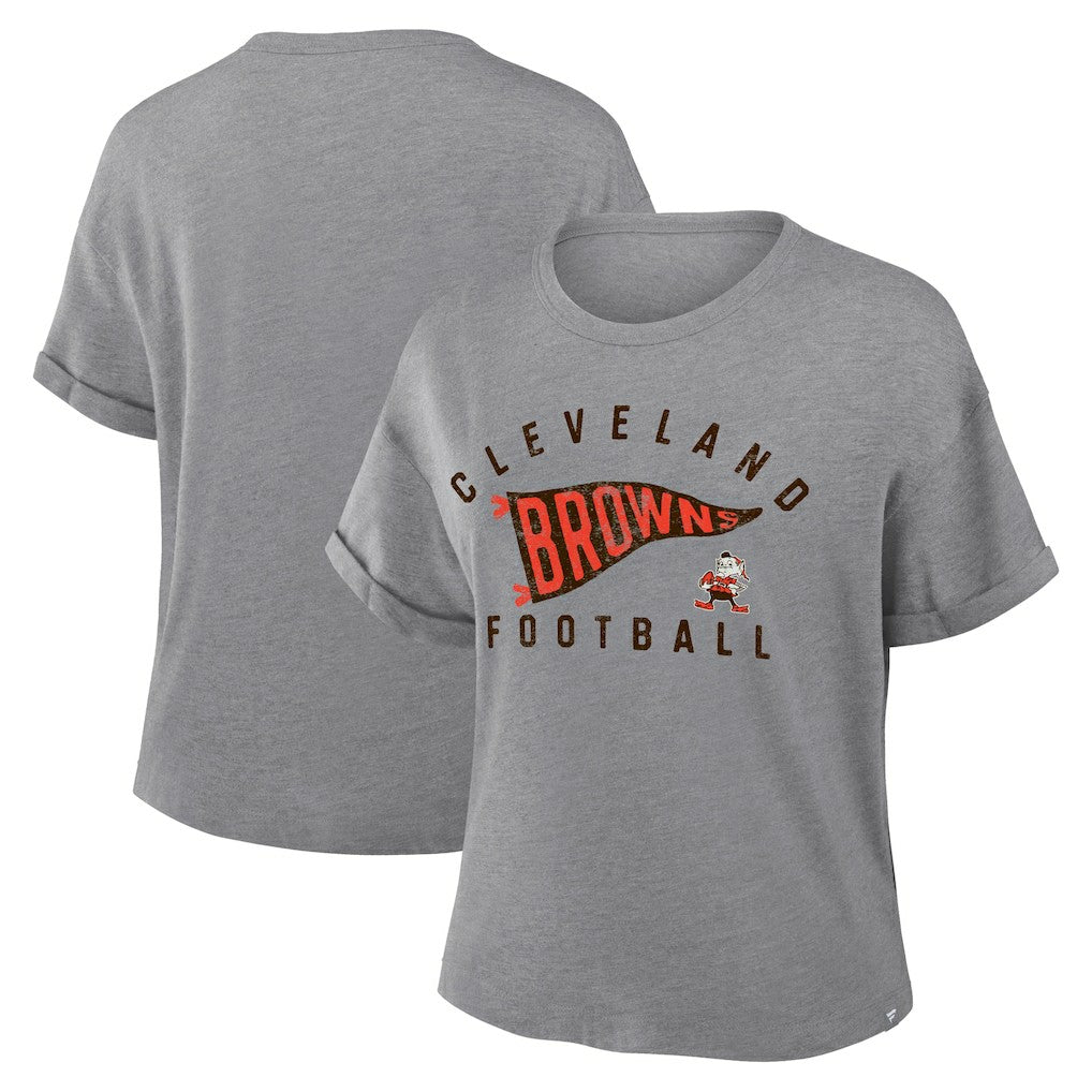 Fanatics Cleveland Browns Women's Pennant Wave Tribute Tri-Blend Boxy T-Shirt Heather Gray