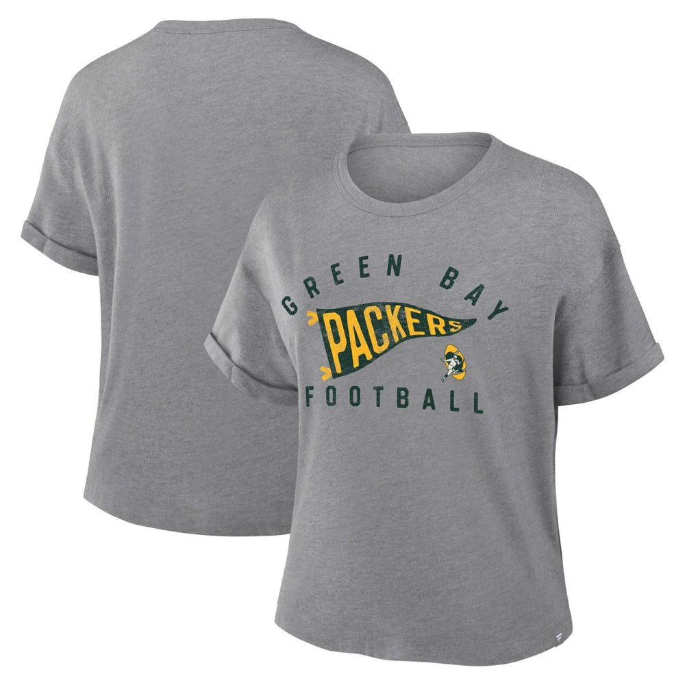 Fanatics Green Bay Packers Women's Pennant Wave Tribute Tri-Blend Boxy T-Shirt Heather Gray