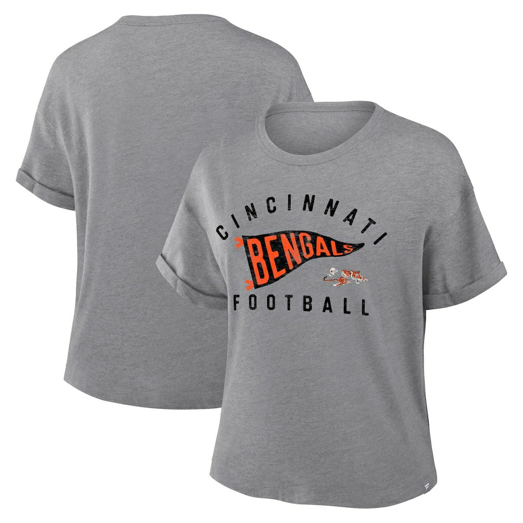 Fanatics Cincinnati Bengals Women's Pennant Wave Tribute Tri-Blend Boxy T-Shirt Heather Gray