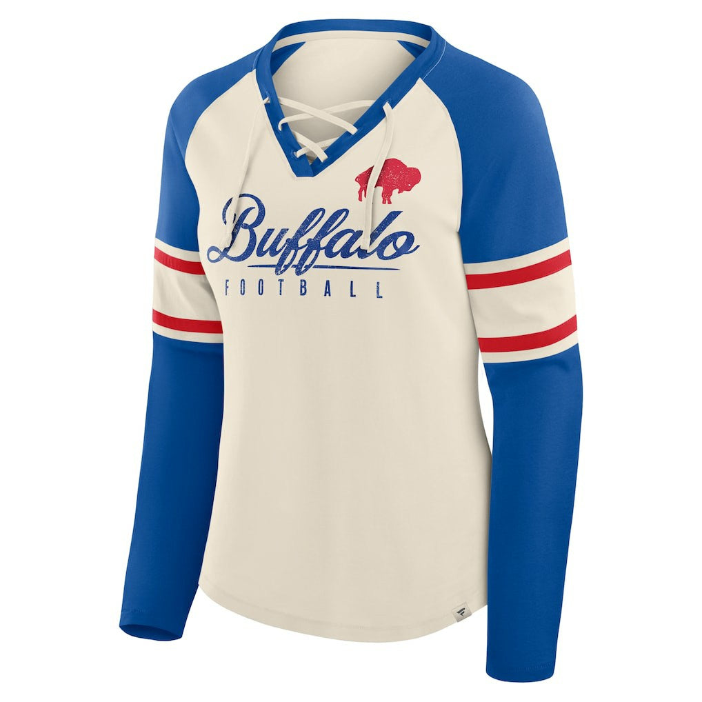 Fanatics Buffalo Bills Women's Hometown Gridiron Hero Raglan Lace-Up V-Neck Long Sleeve T-Shirt Cream/Royal