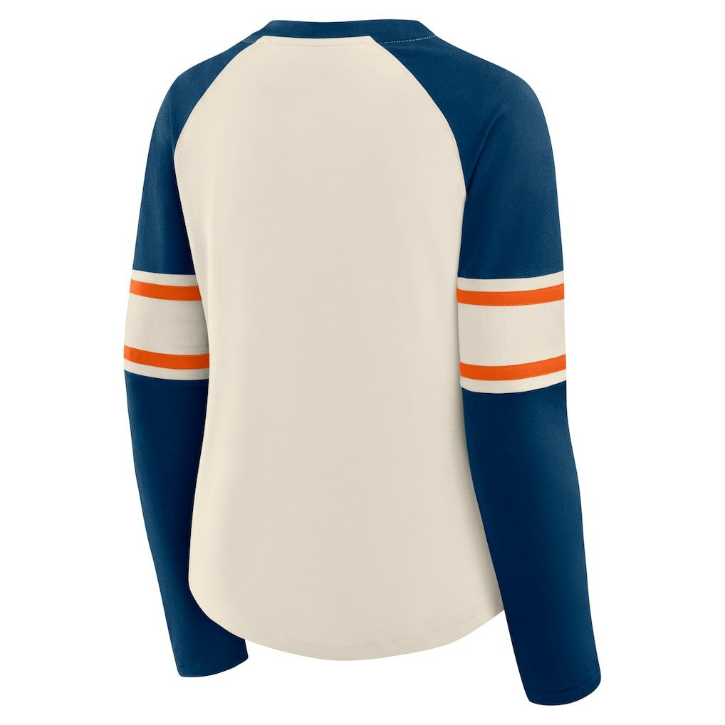 Fanatics Chicago Bears Women's Hometown Gridiron Hero Raglan Lace-Up V-Neck Long Sleeve T-Shirt Cream/Navy