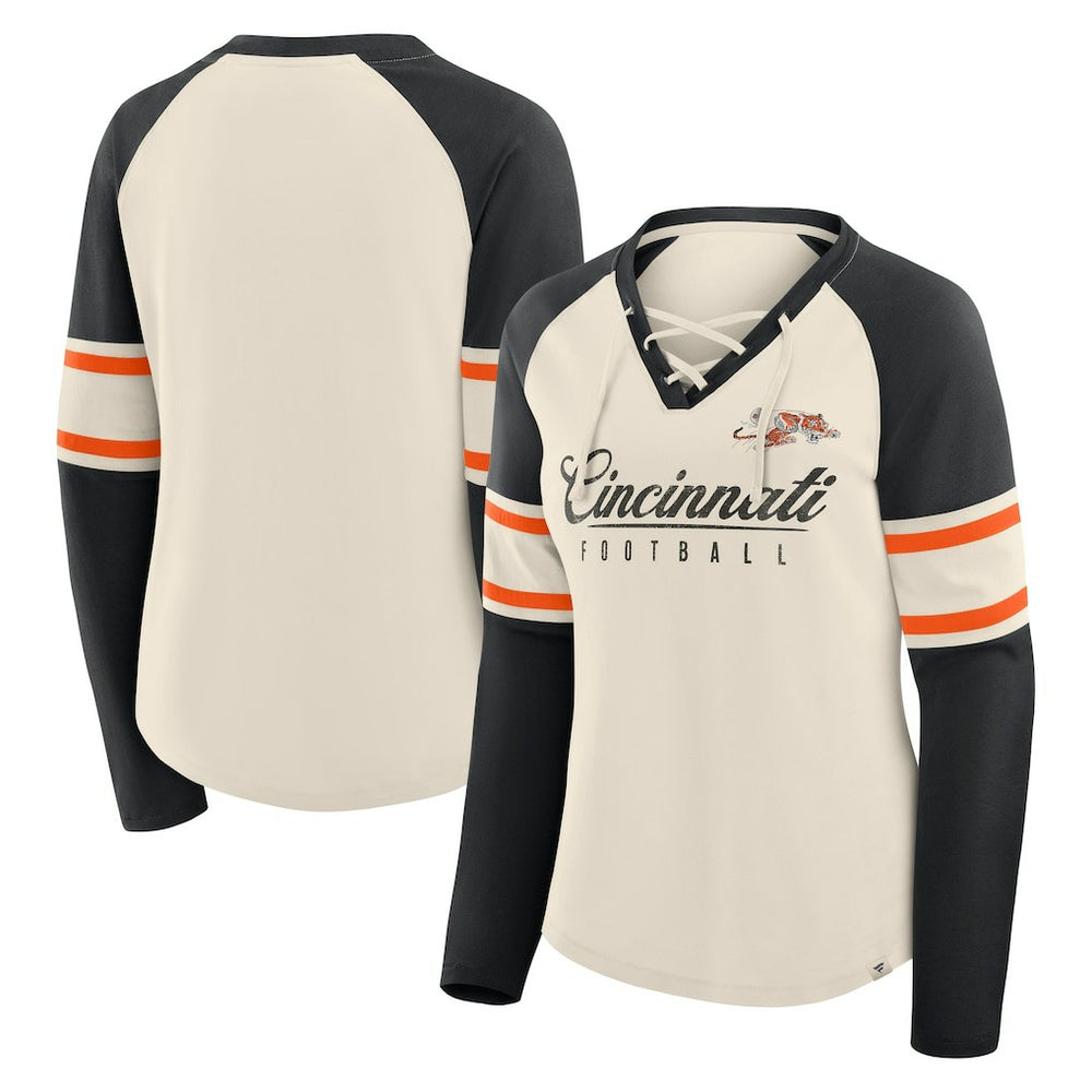 Fanatics Cincinnati Bengals Women's Hometown Gridiron Hero Raglan Lace-Up V-Neck Long Sleeve T-Shirt Cream/Black