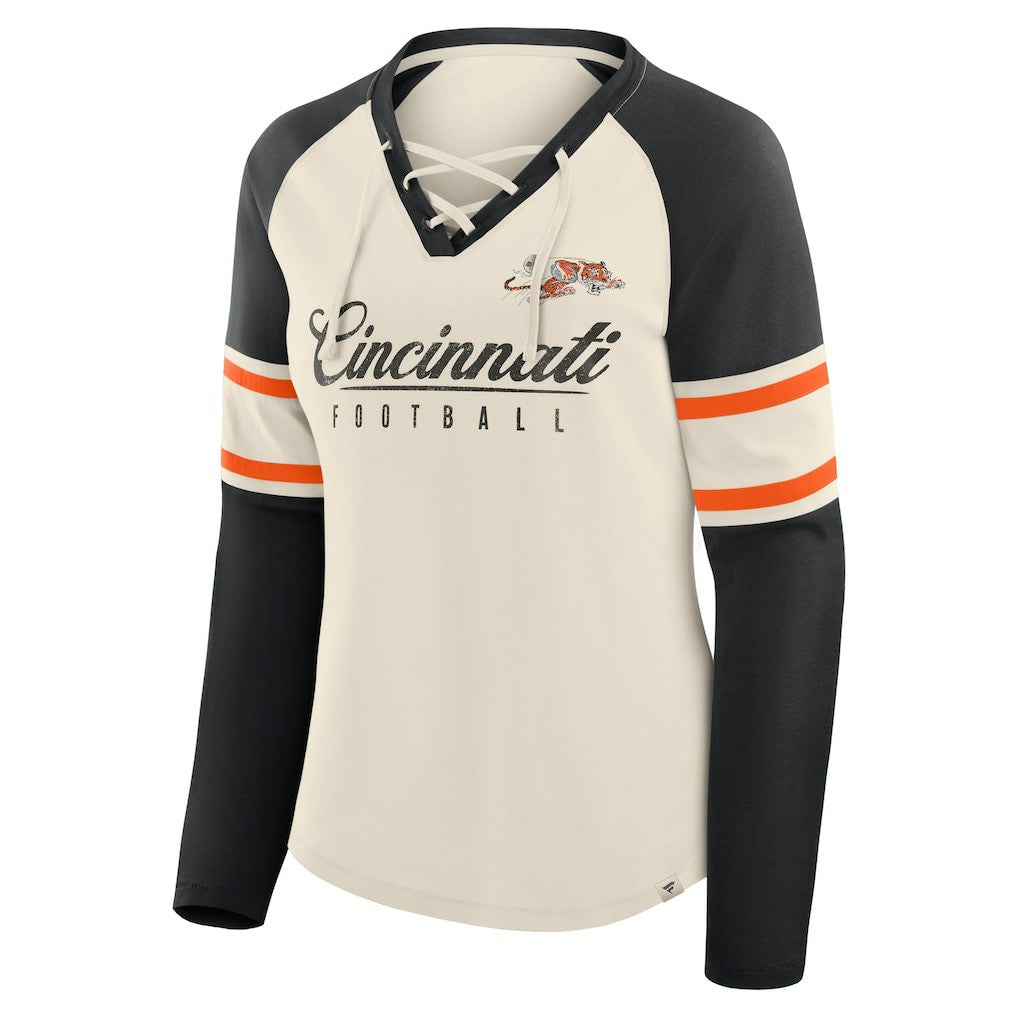 Fanatics Cincinnati Bengals Women's Hometown Gridiron Hero Raglan Lace-Up V-Neck Long Sleeve T-Shirt Cream/Black