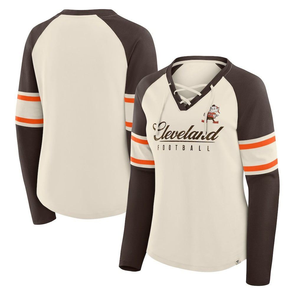 Fanatics Cleveland Browns Women's Hometown Gridiron Hero Raglan Lace-Up V-Neck Long Sleeve T-Shirt Cream/Brown