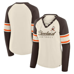 Fanatics Cleveland Browns Women's Hometown Gridiron Hero Raglan Lace-Up V-Neck Long Sleeve T-Shirt Cream/Brown