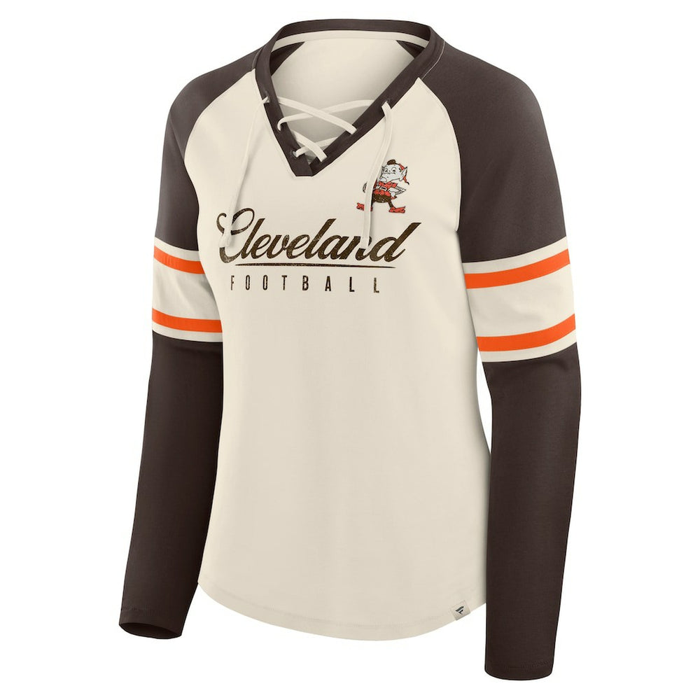 Fanatics Cleveland Browns Women's Hometown Gridiron Hero Raglan Lace-Up V-Neck Long Sleeve T-Shirt Cream/Brown