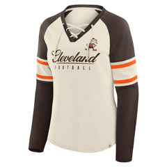 Fanatics Cleveland Browns Women's Hometown Gridiron Hero Raglan Lace-Up V-Neck Long Sleeve T-Shirt Cream/Brown