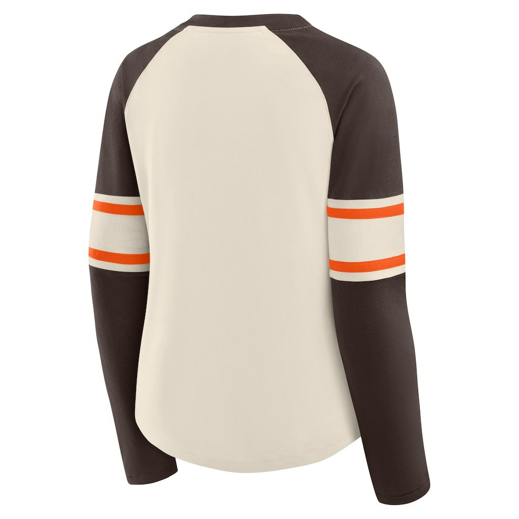 Fanatics Cleveland Browns Women's Hometown Gridiron Hero Raglan Lace-Up V-Neck Long Sleeve T-Shirt Cream/Brown