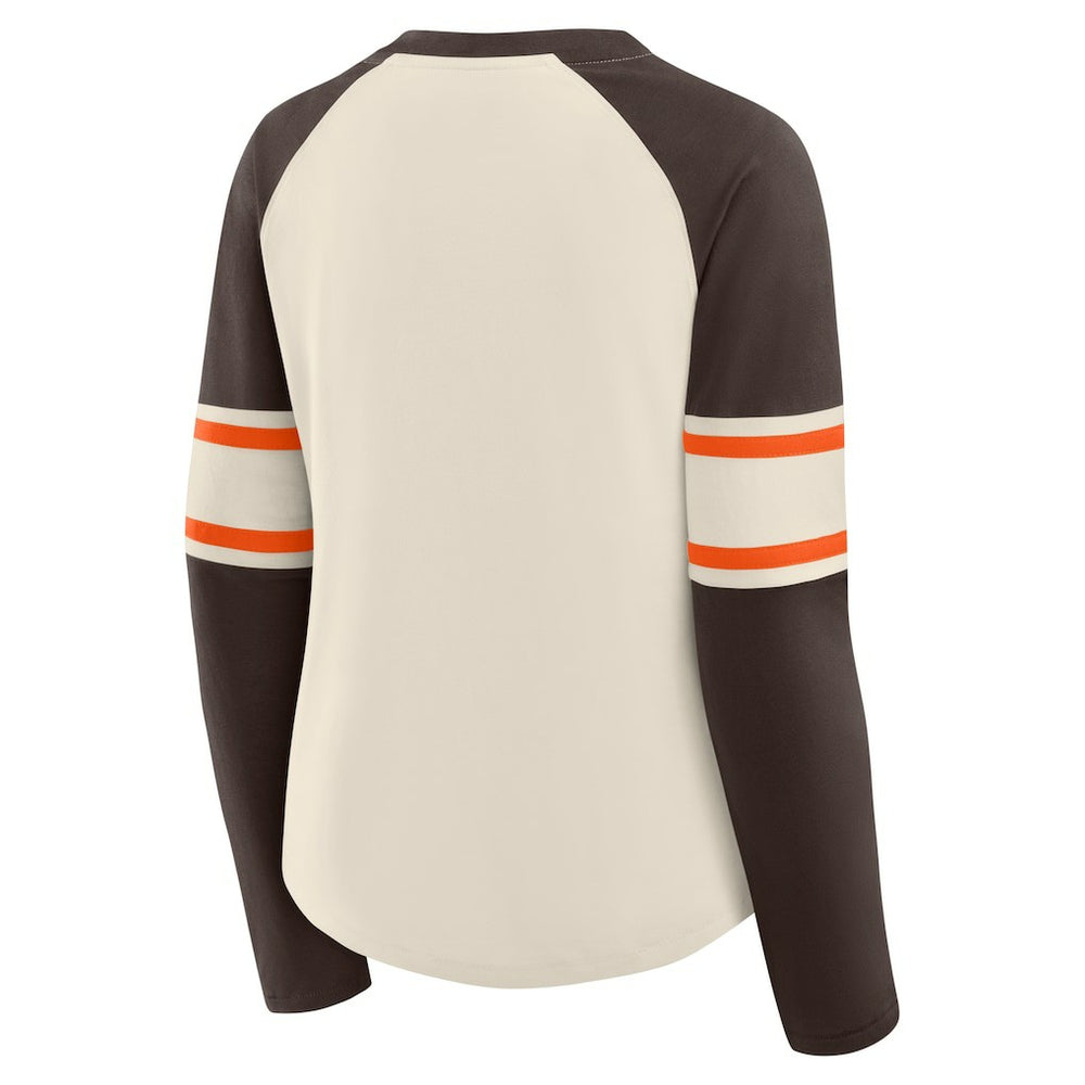 Fanatics Cleveland Browns Women's Hometown Gridiron Hero Raglan Lace-Up V-Neck Long Sleeve T-Shirt Cream/Brown
