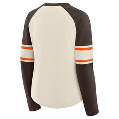 Fanatics Cleveland Browns Women's Hometown Gridiron Hero Raglan Lace-Up V-Neck Long Sleeve T-Shirt Cream/Brown