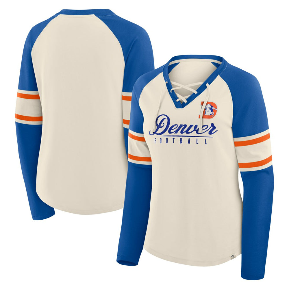 Fanatics Denver Broncos Women's Hometown Gridiron Hero Raglan Lace-Up V-Neck Long Sleeve T-Shirt Cream/Royal