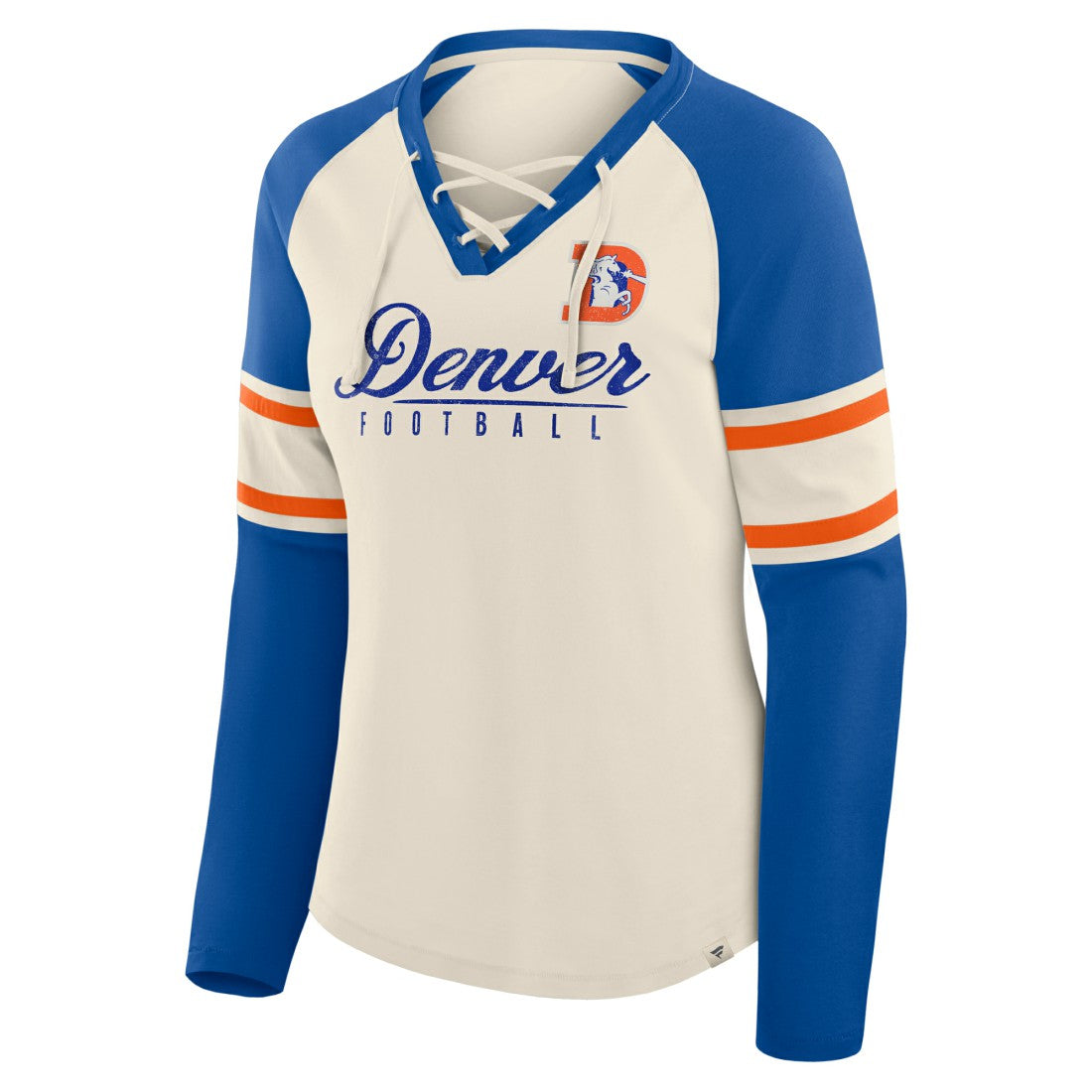 Fanatics Denver Broncos Women's Hometown Gridiron Hero Raglan Lace-Up V-Neck Long Sleeve T-Shirt Cream/Royal