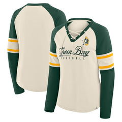 Fanatics Green Bay Packers Women's Hometown Gridiron Hero Raglan Lace-Up V-Neck Long Sleeve T-Shirt Cream/Green