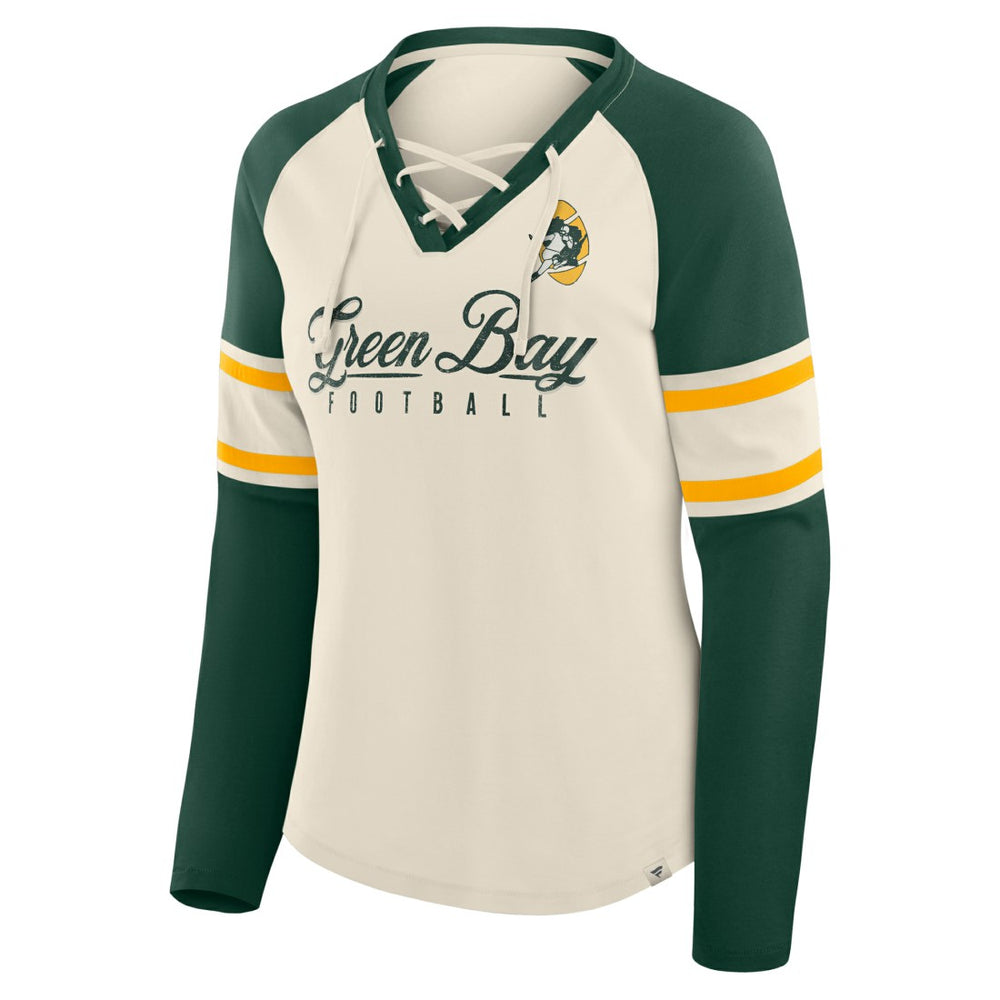 Fanatics Green Bay Packers Women's Hometown Gridiron Hero Raglan Lace-Up V-Neck Long Sleeve T-Shirt Cream/Green