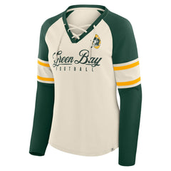 Fanatics Green Bay Packers Women's Hometown Gridiron Hero Raglan Lace-Up V-Neck Long Sleeve T-Shirt Cream/Green